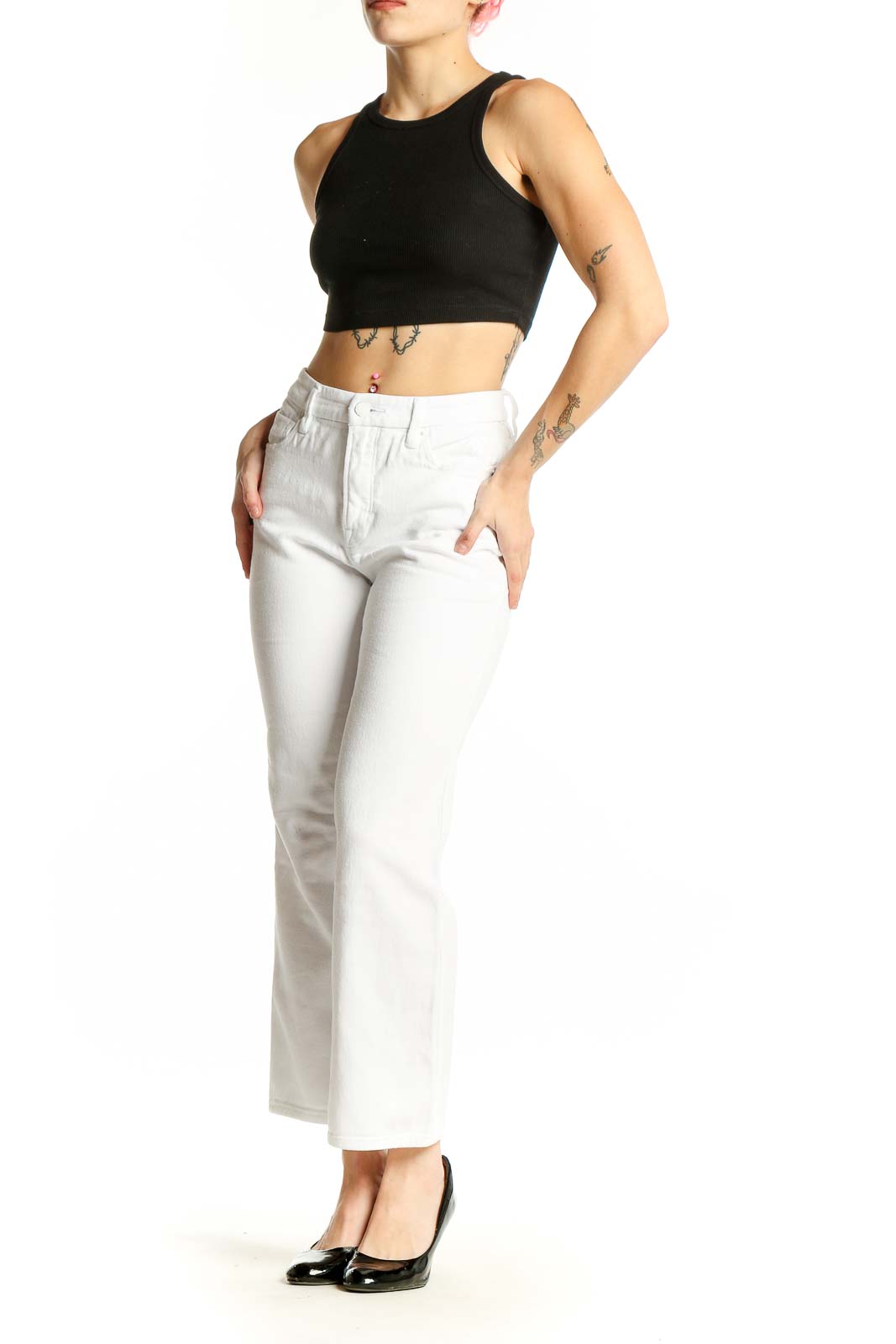 Front view of Good American white straight leg jeans on model