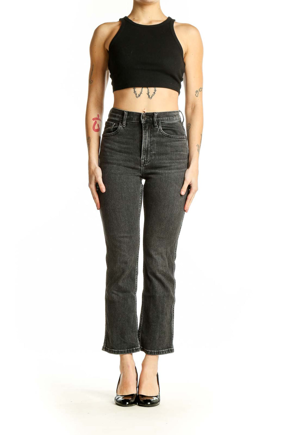 Front view of Everlane charcoal gray high-rise straight leg jeans on model