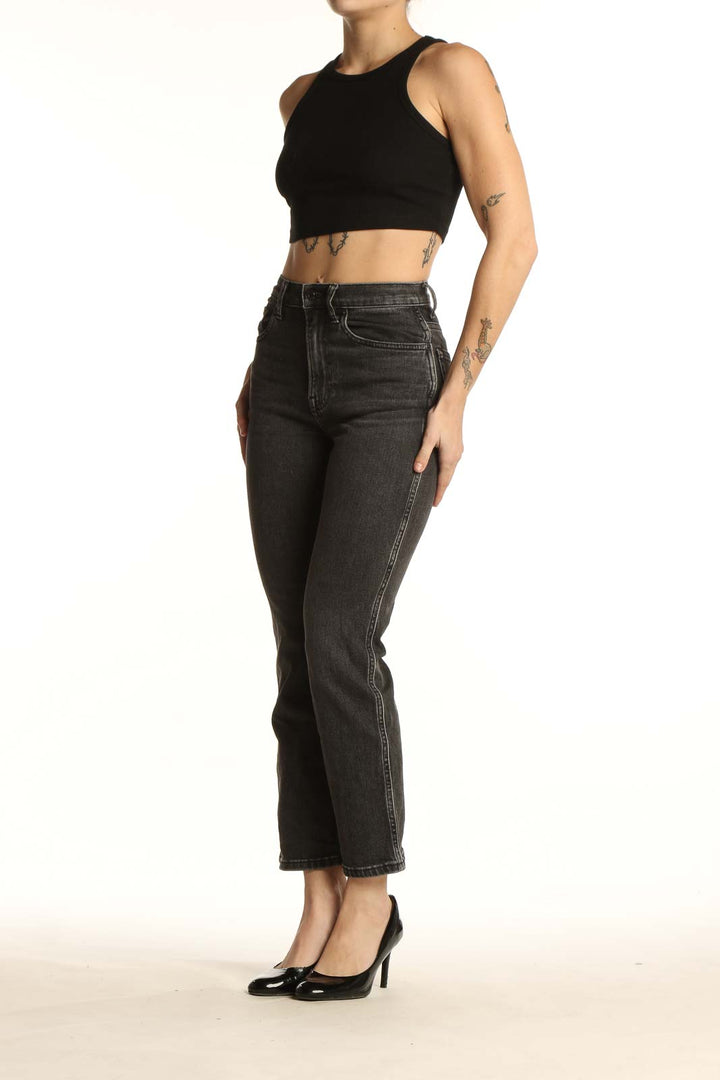 Front view of Everlane charcoal gray high-rise straight leg jeans on model