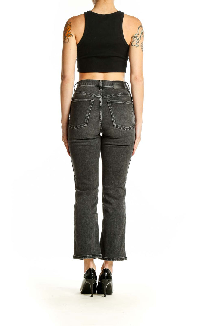 Back view of Everlane charcoal gray high-rise straight leg jeans on model