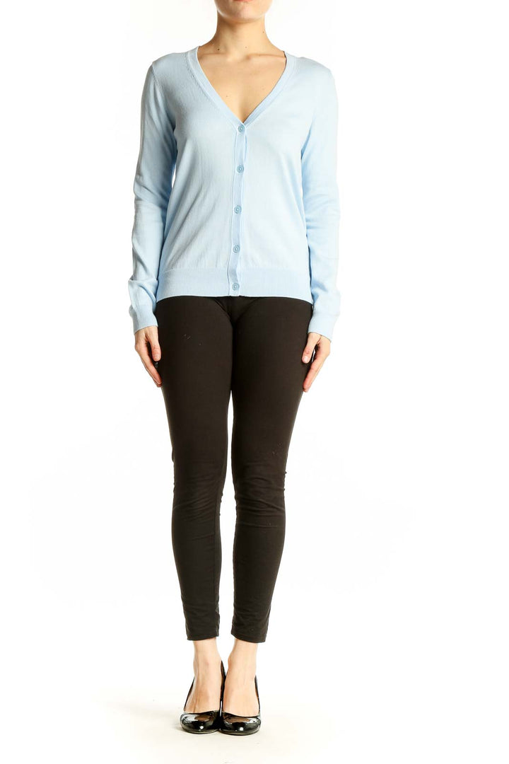 Front view of light blue Uniqlo cotton V-neck cardigan