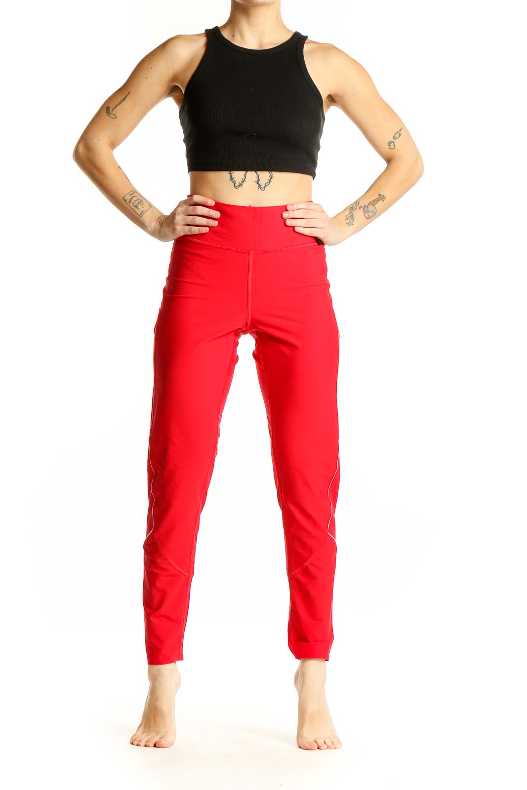 Front view of red Victoria Sport high-waisted performance leggings