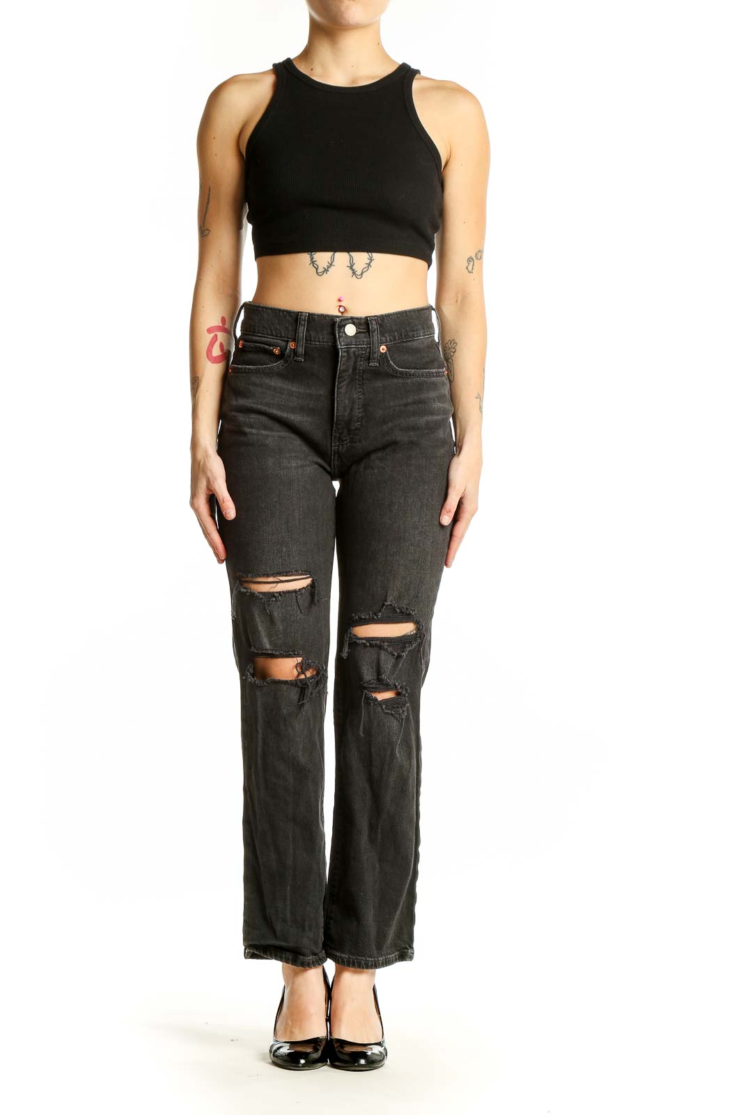 Front view of Lucky Brand black distressed straight leg jeans with rips on thighs and knees