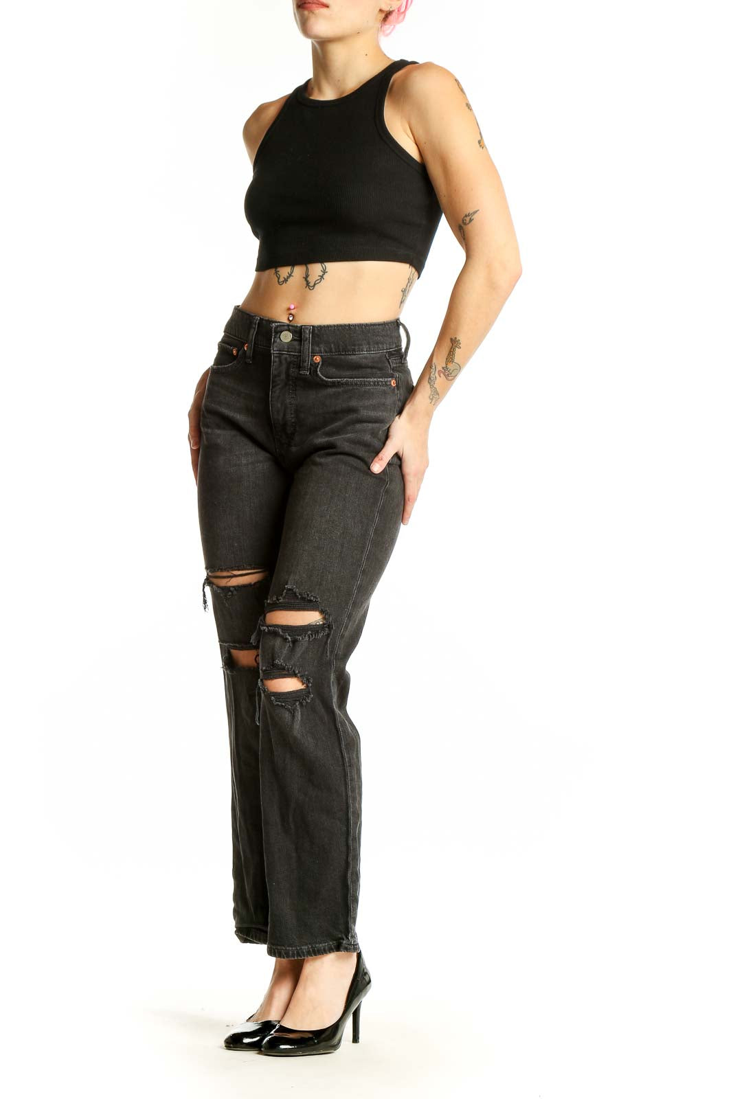 Front view of Lucky Brand black distressed straight leg jeans with rips on thighs and knees