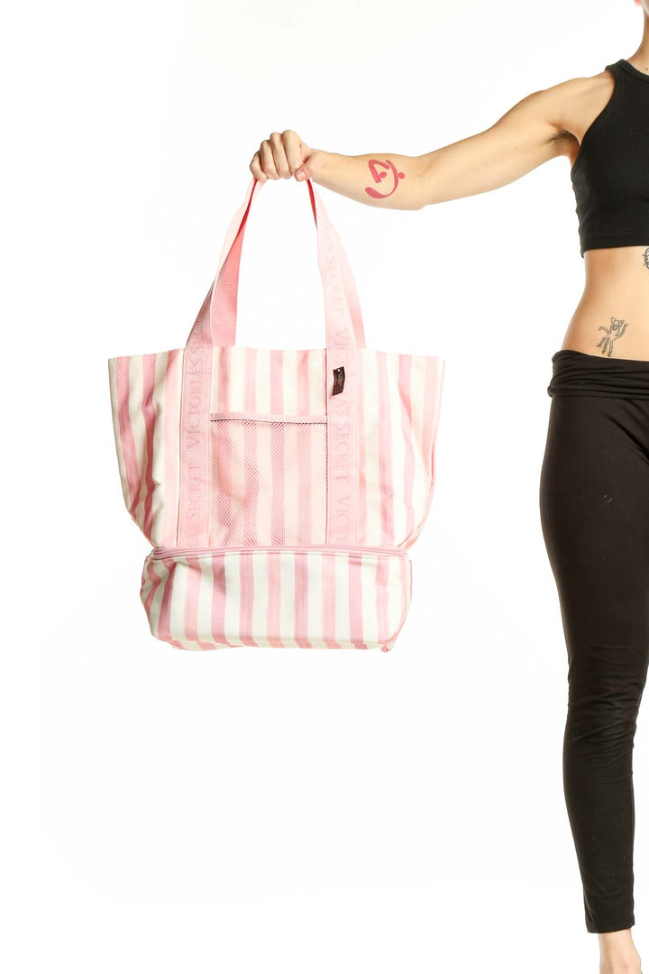 Front view of Victoria's Secret pink and white striped beach tote bag