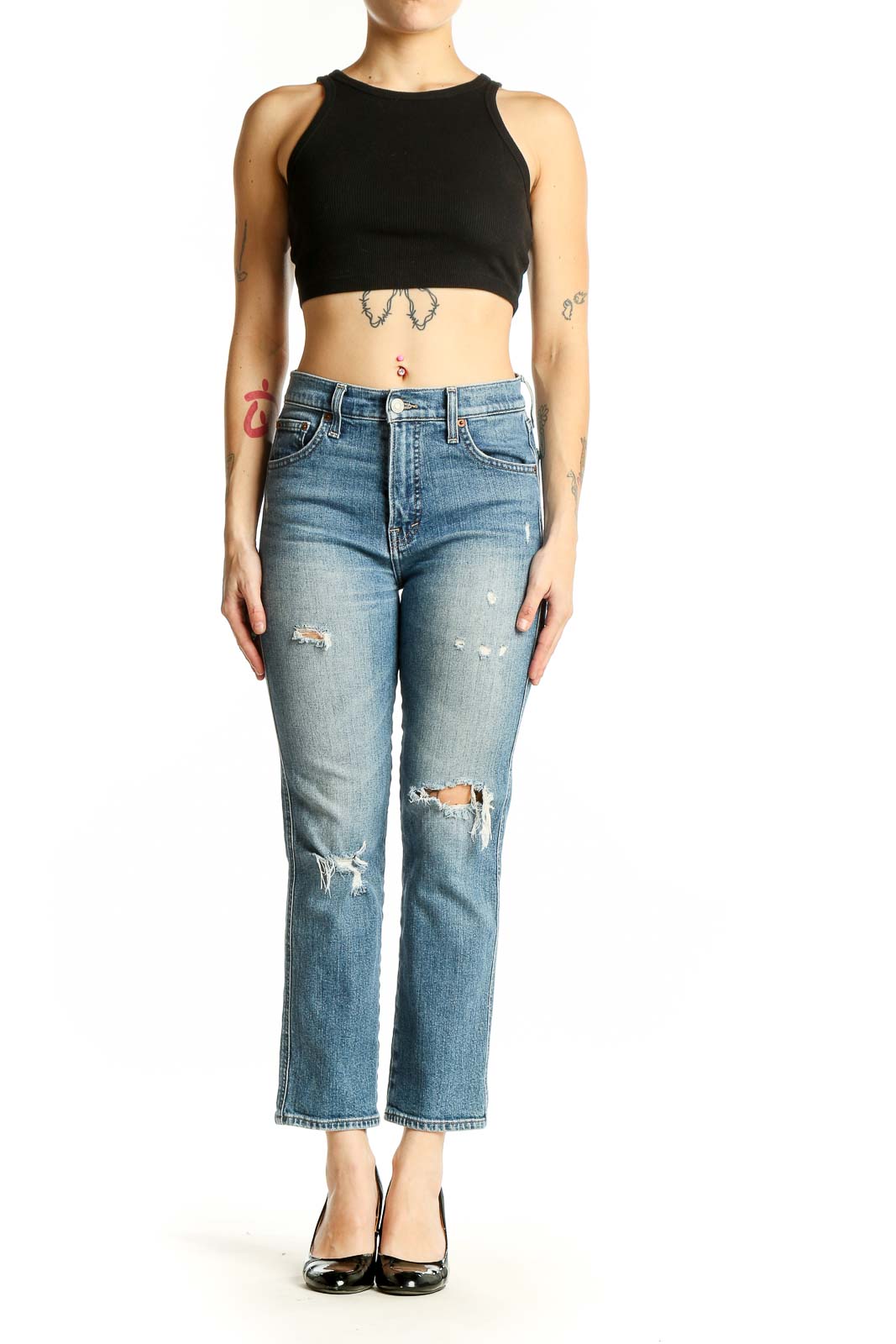 Front view of Lucky Brand light blue distressed cropped jeans on model