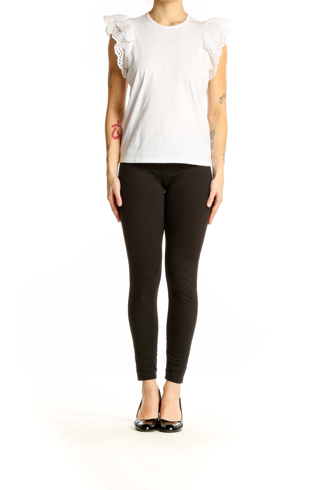 Front view of Joe's white cotton top with eyelet ruffle sleeves