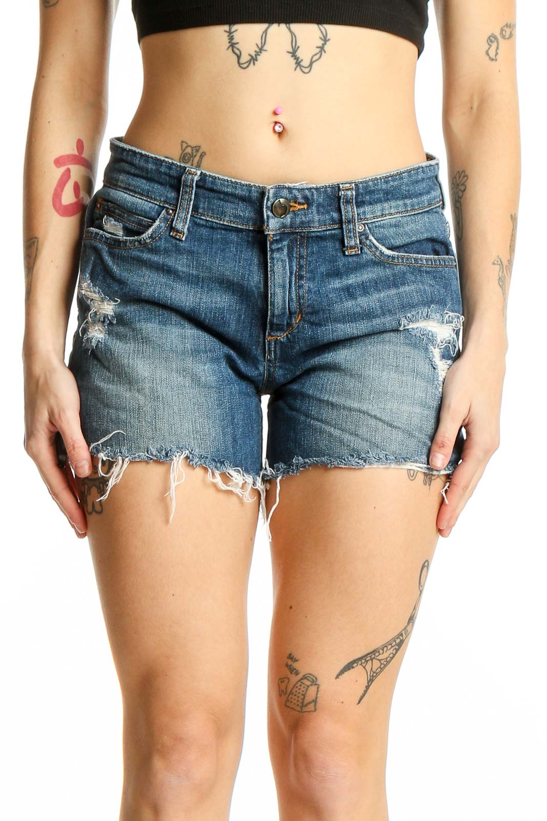 Front view of Joe's blue distressed denim cut-off shorts with raw hem