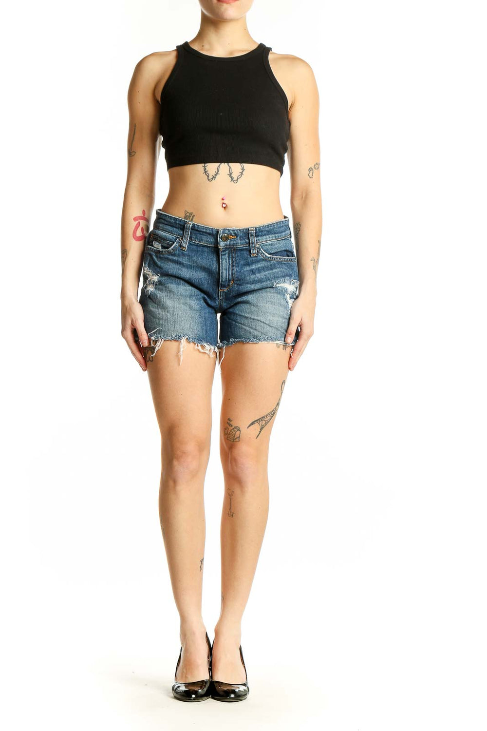 Front view of Joe's blue distressed denim cut-off shorts with raw hem