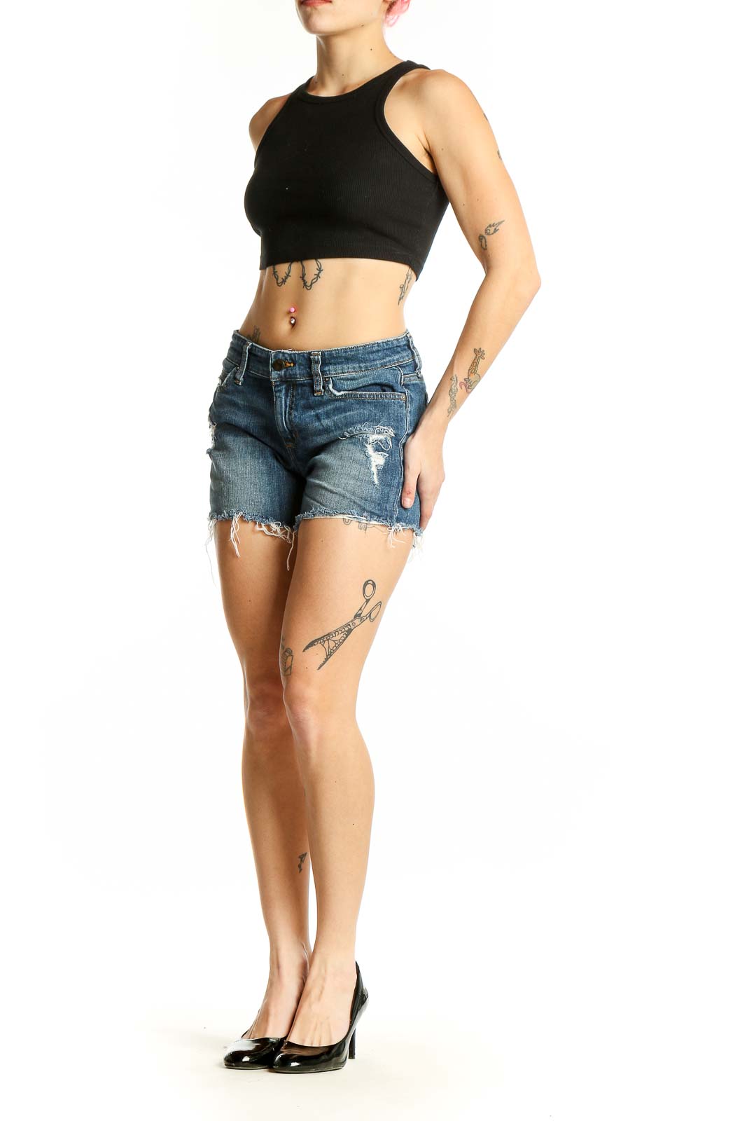 Front view of Joe's blue distressed denim cut-off shorts with raw hem