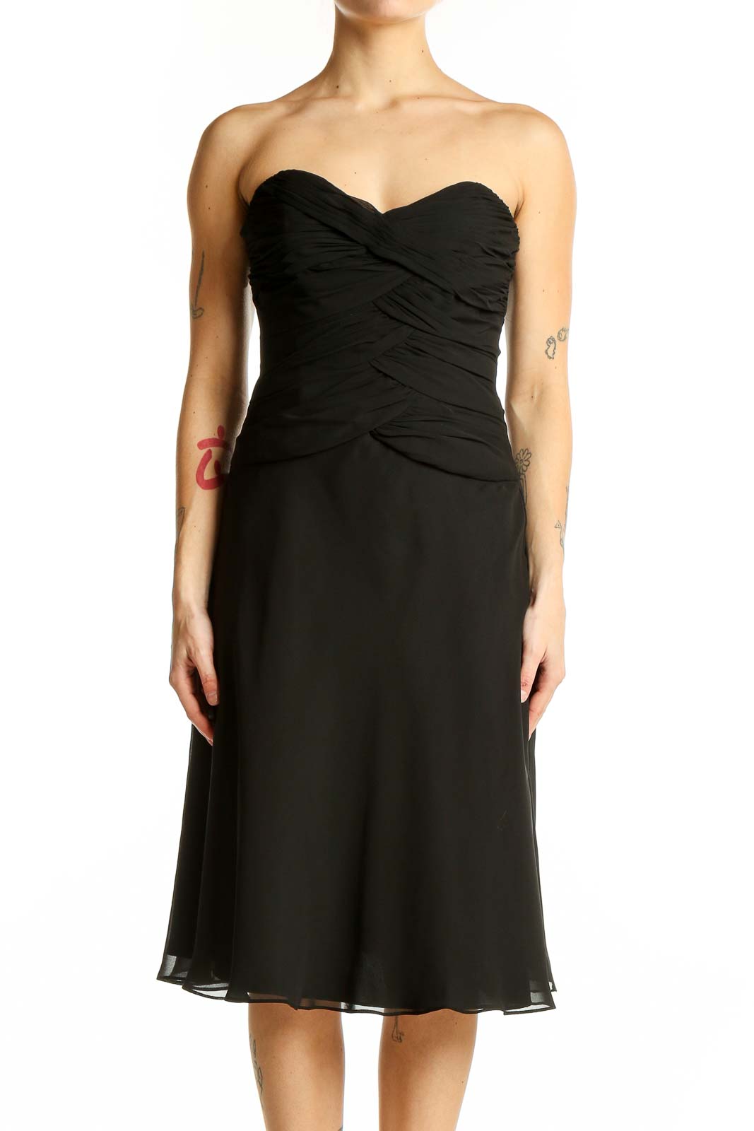 Front view of black strapless ruched cocktail dress from White House Black Market