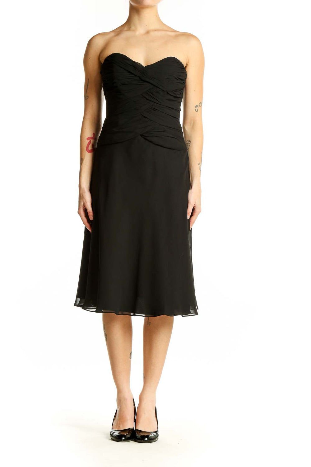 Front view of black strapless ruched cocktail dress from White House Black Market