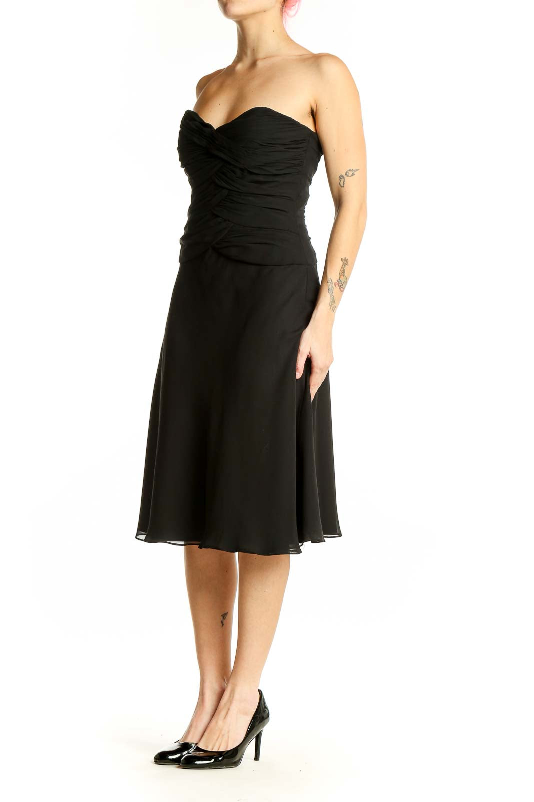 Front view of black strapless ruched cocktail dress from White House Black Market