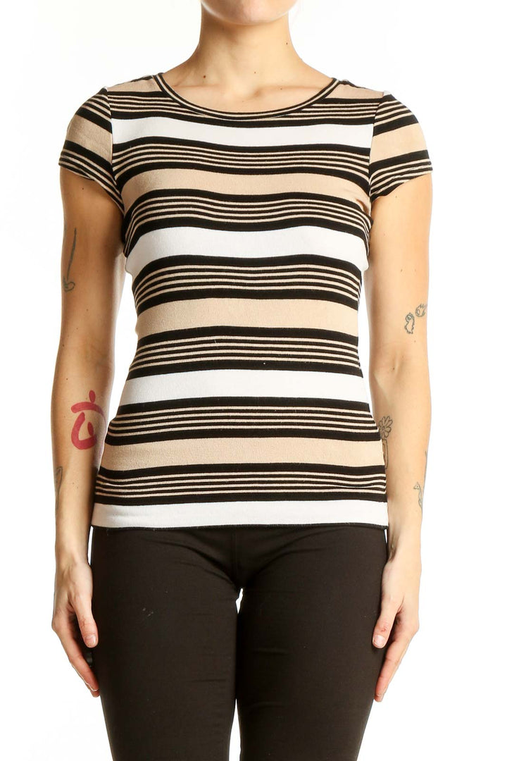 Front view of beige striped cap sleeve top from The Limited