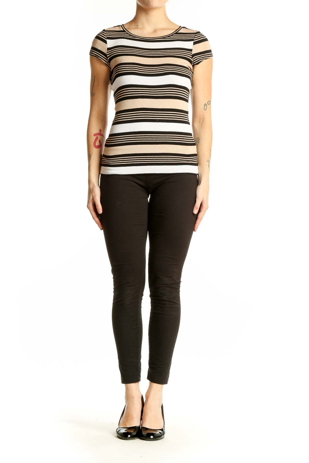 Front view of beige striped cap sleeve top from The Limited