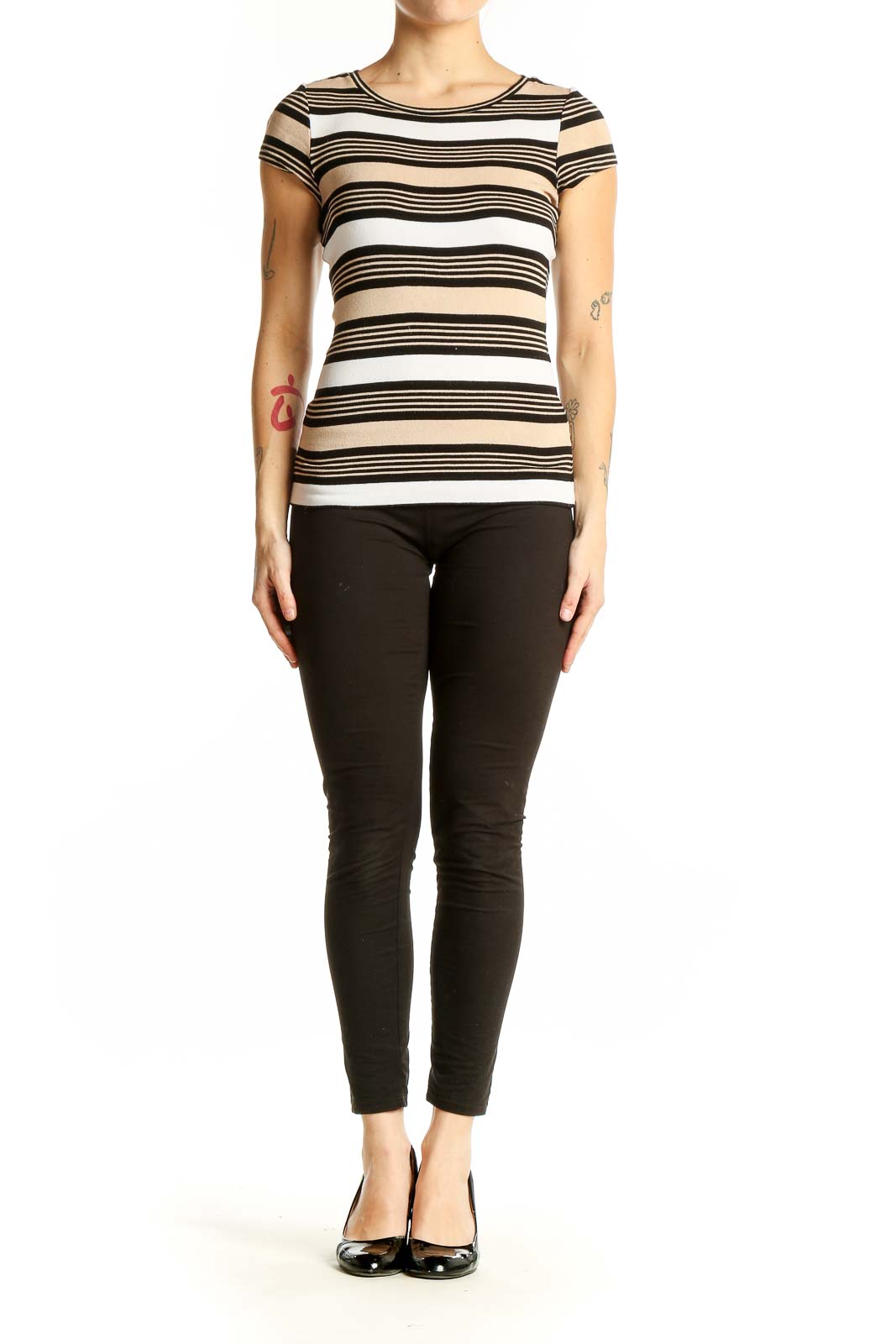 Front view of beige striped cap sleeve top from The Limited