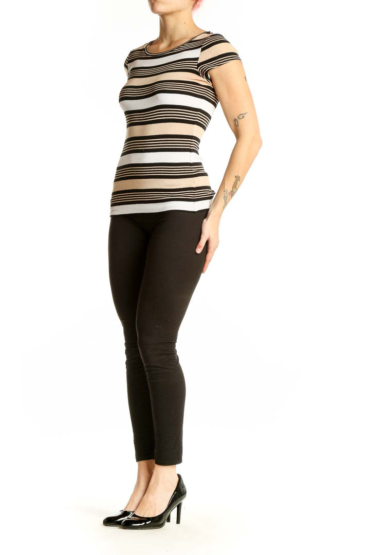 Front view of beige striped cap sleeve top from The Limited