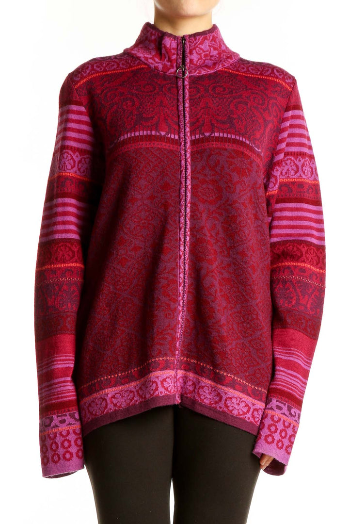Front view of red patterned Icelandic Design zip-up sweater