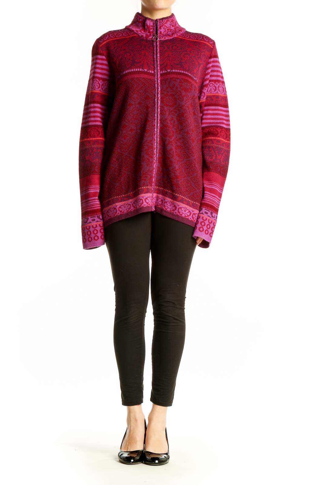 Front view of red patterned Icelandic Design zip-up sweater