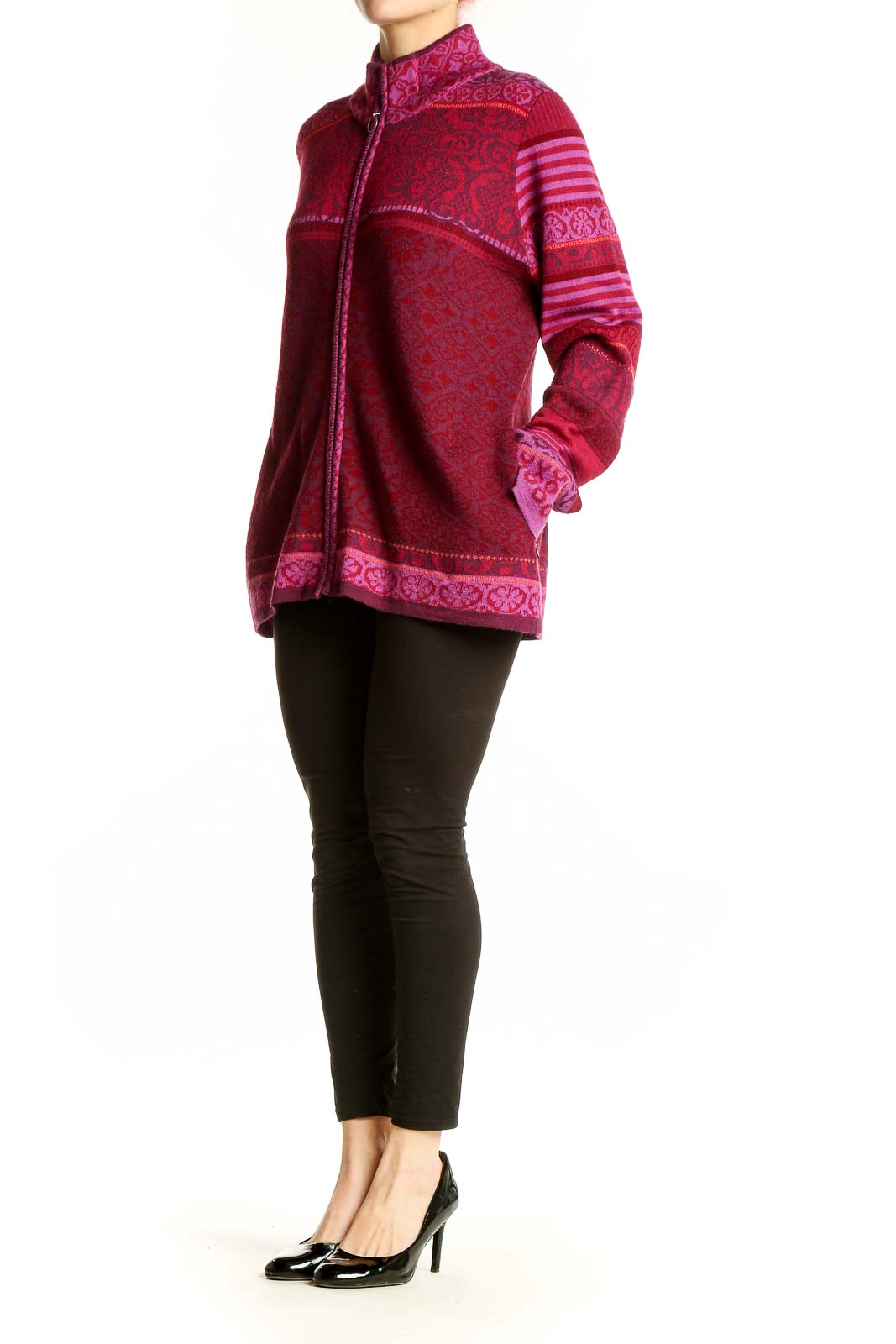 Front view of red patterned Icelandic Design zip-up sweater