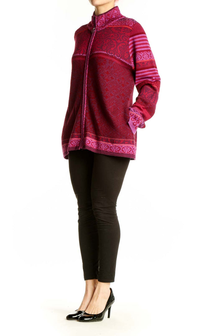 Front view of red patterned Icelandic Design zip-up sweater