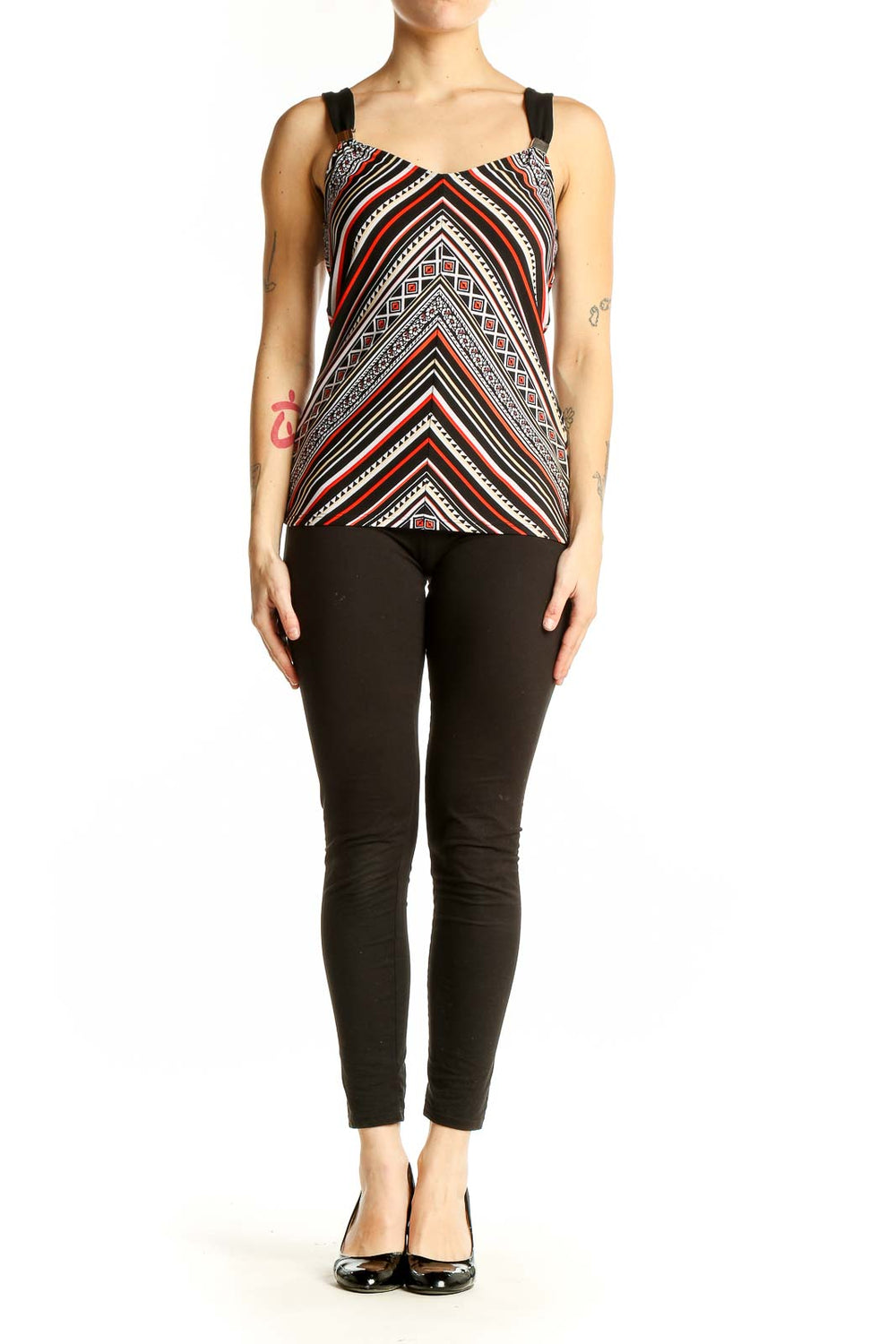 Front view of Black and Red Geometric Print Tank Top from White House Black Market