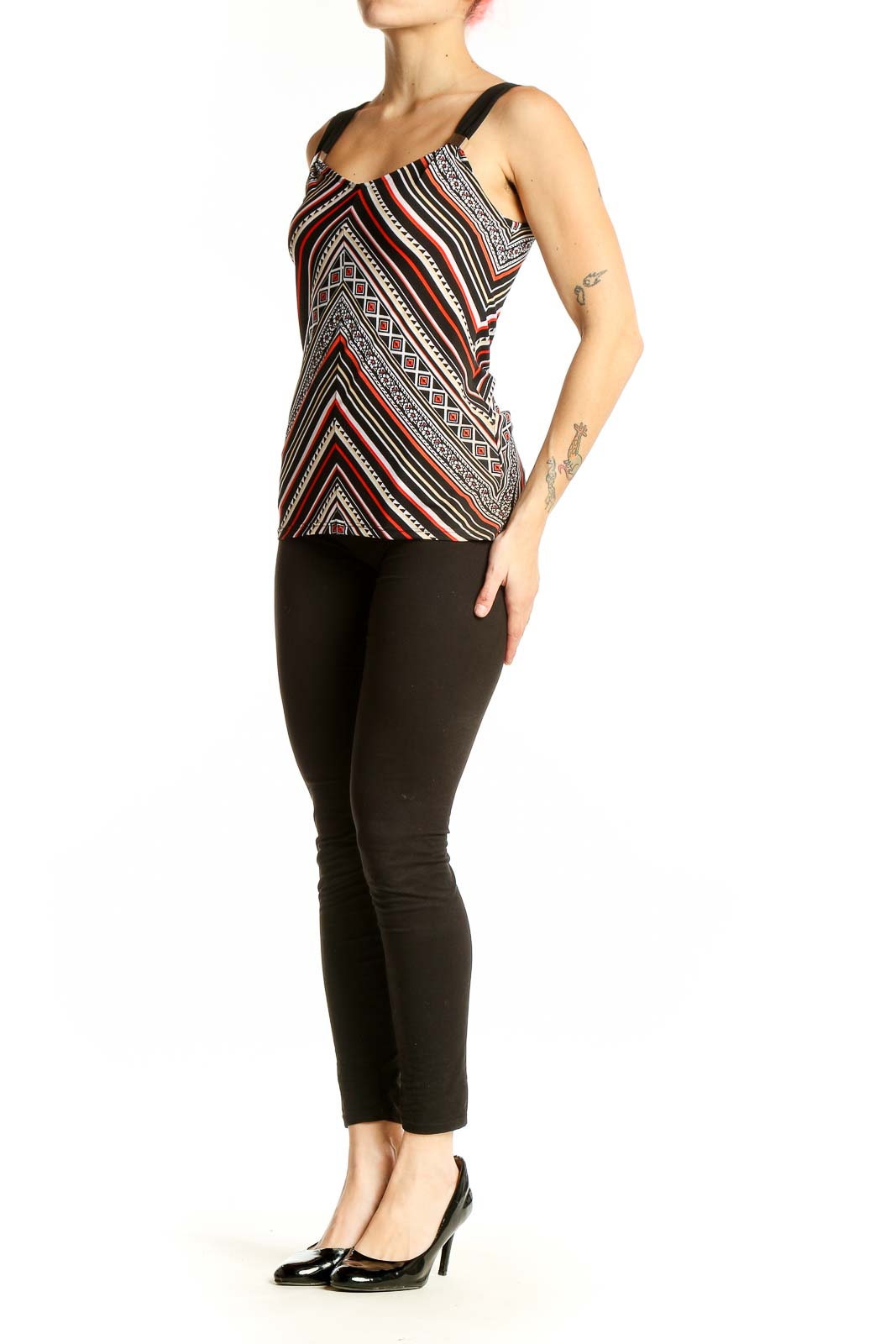 Front view of Black and Red Geometric Print Tank Top from White House Black Market