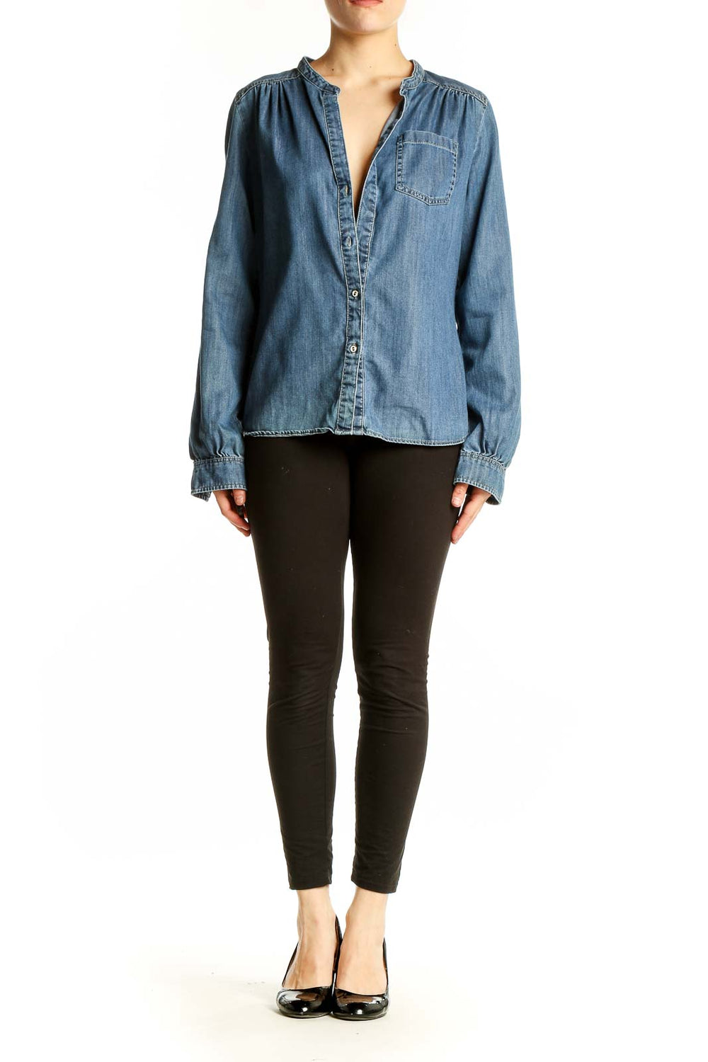 Front view of Kenar blue chambray button-up blouse with mandarin collar