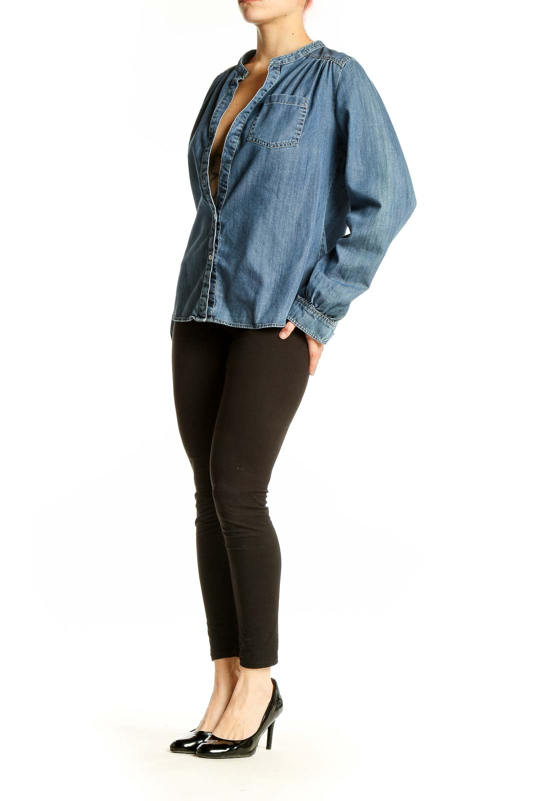 Front view of Kenar blue chambray button-up blouse with mandarin collar