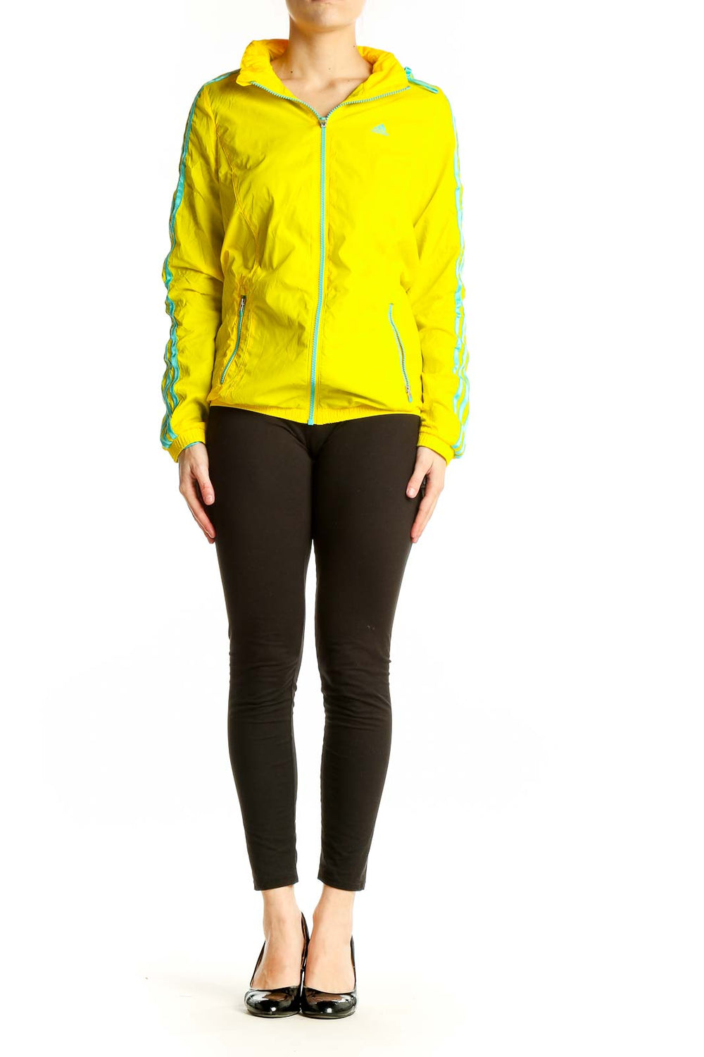 Front view of yellow Adidas athletic jacket with turquoise stripes