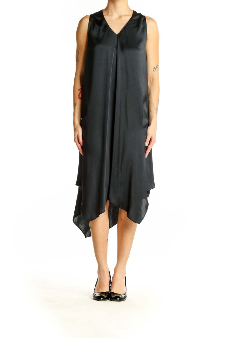 Front view of Allsaints black sleeveless asymmetric midi dress