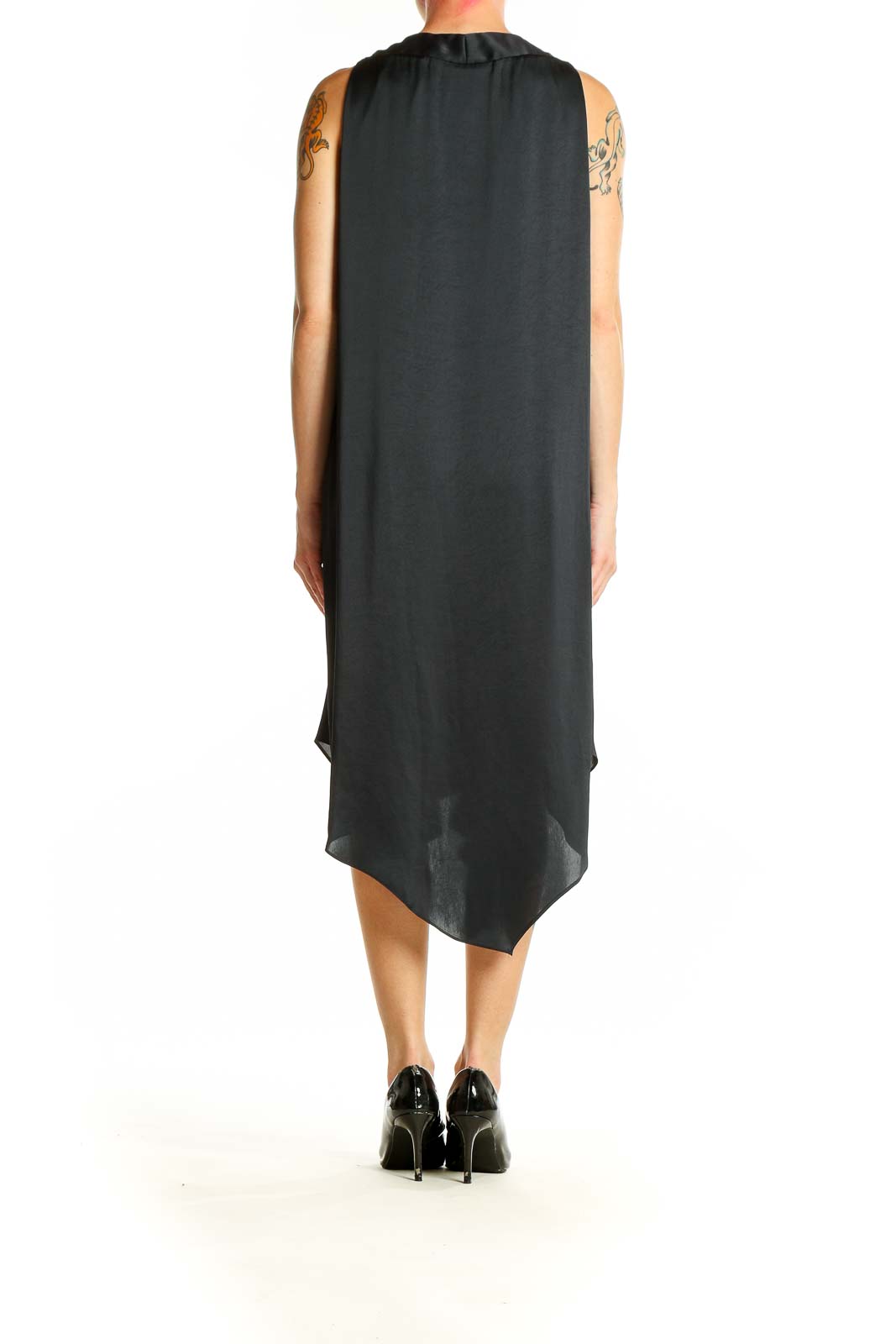 Side view of Allsaints black sleeveless asymmetric midi dress