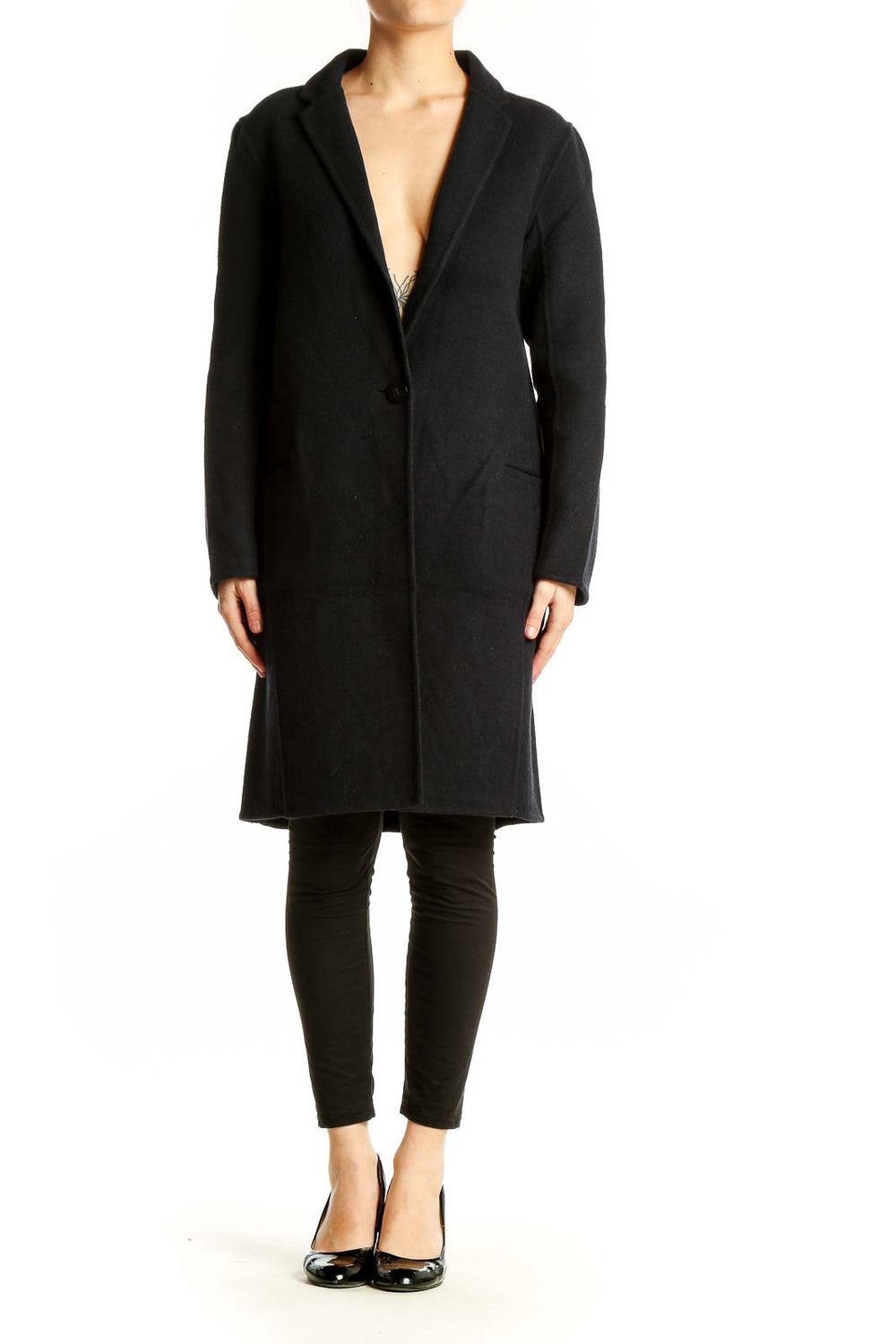Front view of Comptoir des Cotonniers black wool blend long coat