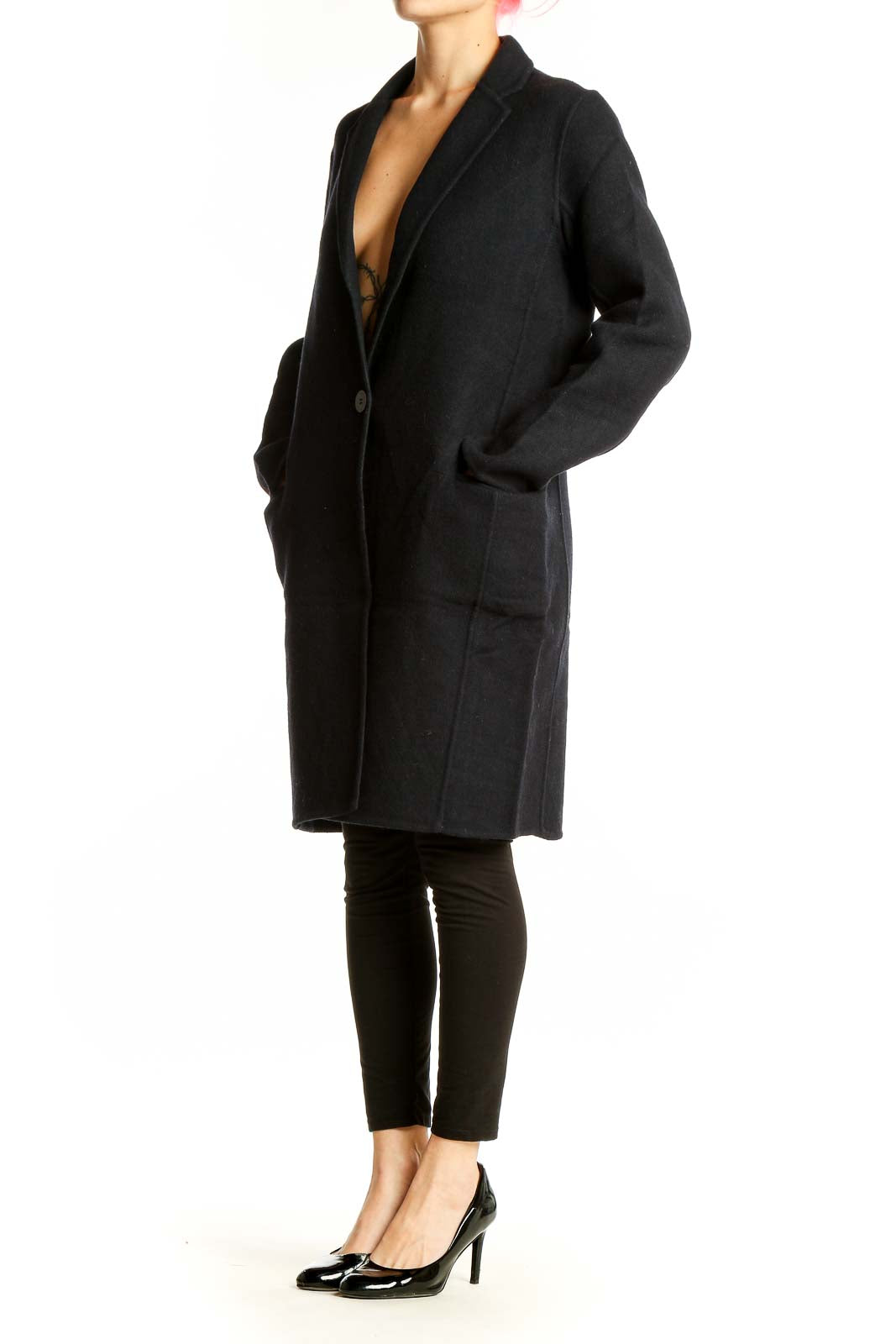 Front view of Comptoir des Cotonniers black wool blend long coat