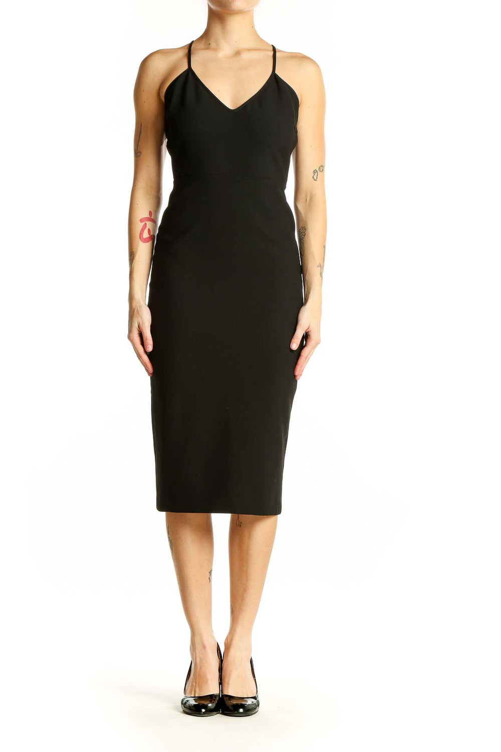 Front view of Zara Woman black bodycon midi dress with spaghetti straps