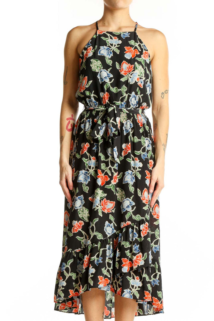 Front view of Joie black floral silk halter midi dress