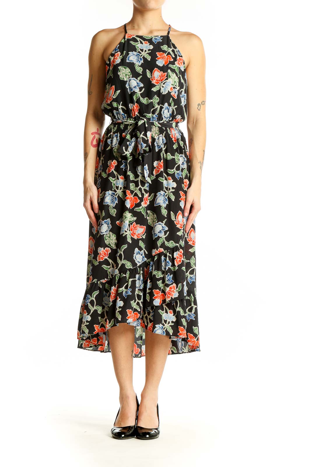 Front view of Joie black floral silk halter midi dress