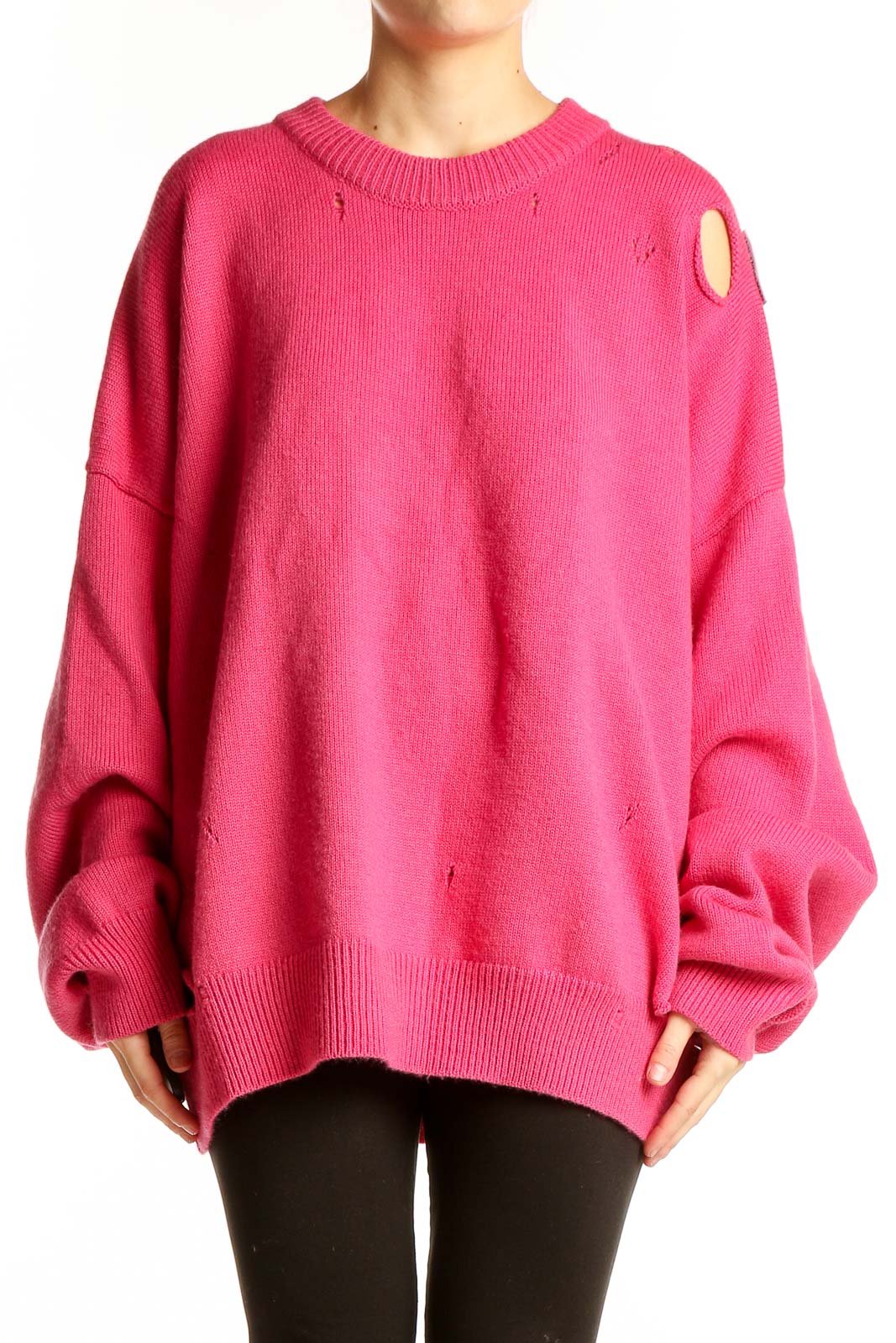 Front view of hot pink oversized distressed knit sweater by Ann Andelman