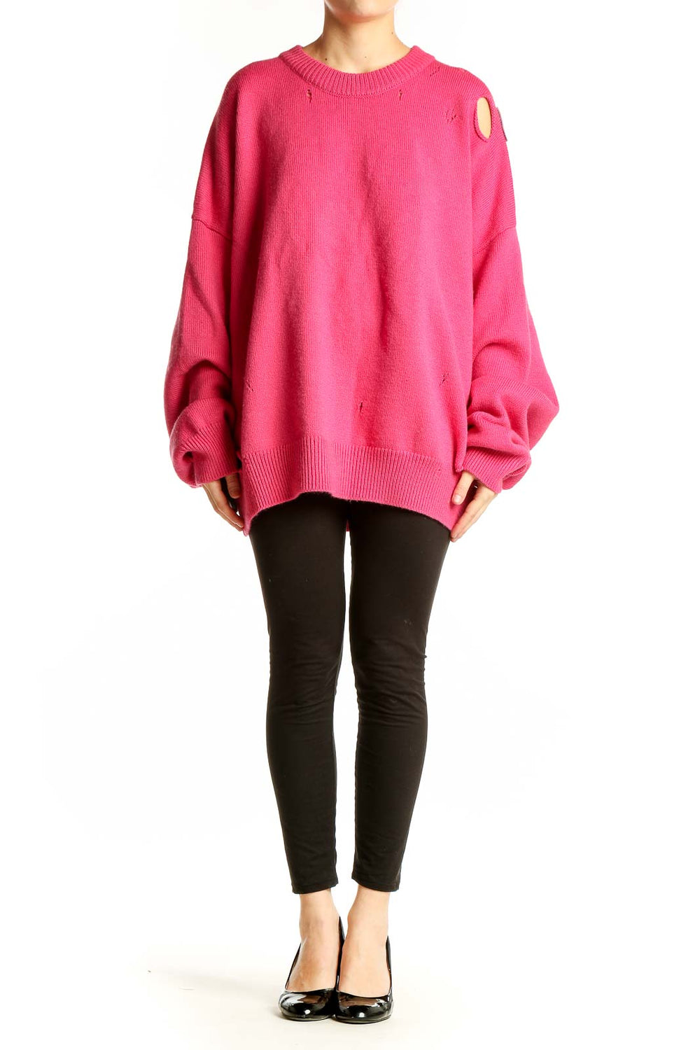 Front view of hot pink oversized distressed knit sweater by Ann Andelman