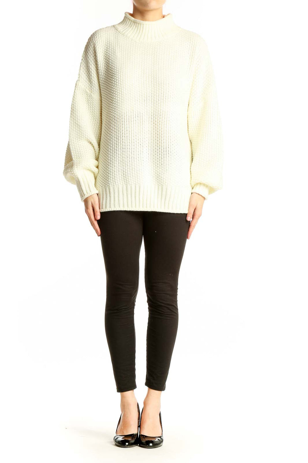 Front view of cream chunky knit mock neck sweater with balloon sleeves