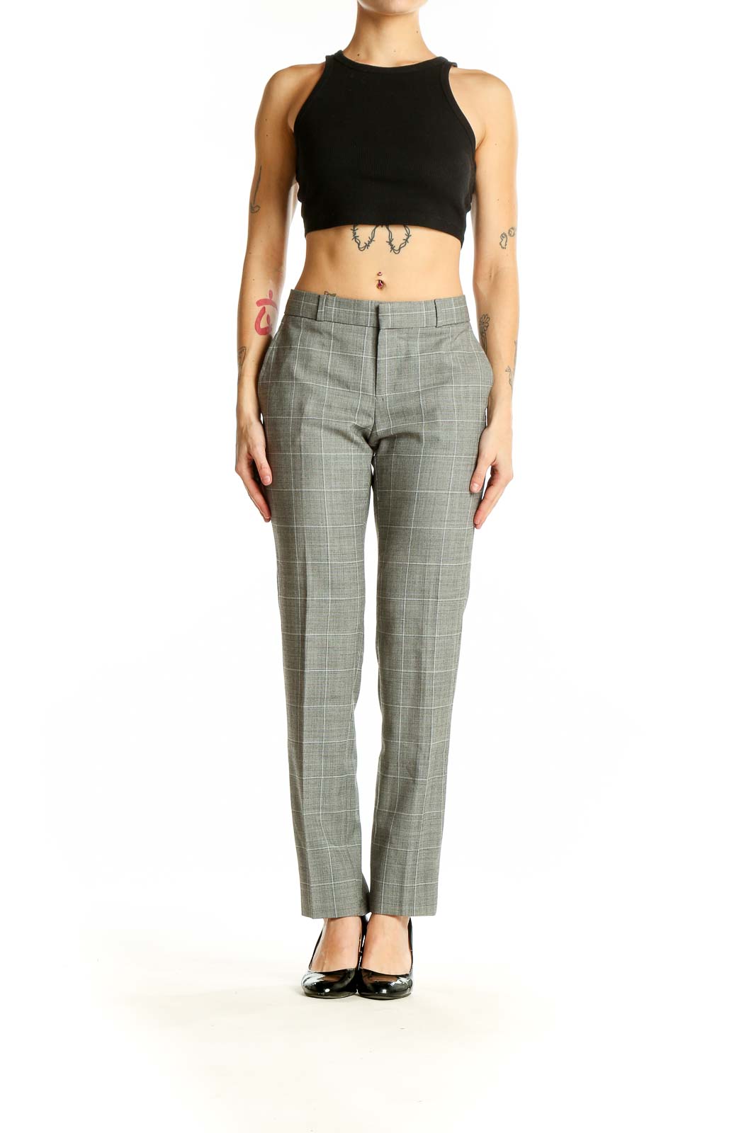 Front view of Banana Republic gray plaid wool-blend dress pants
