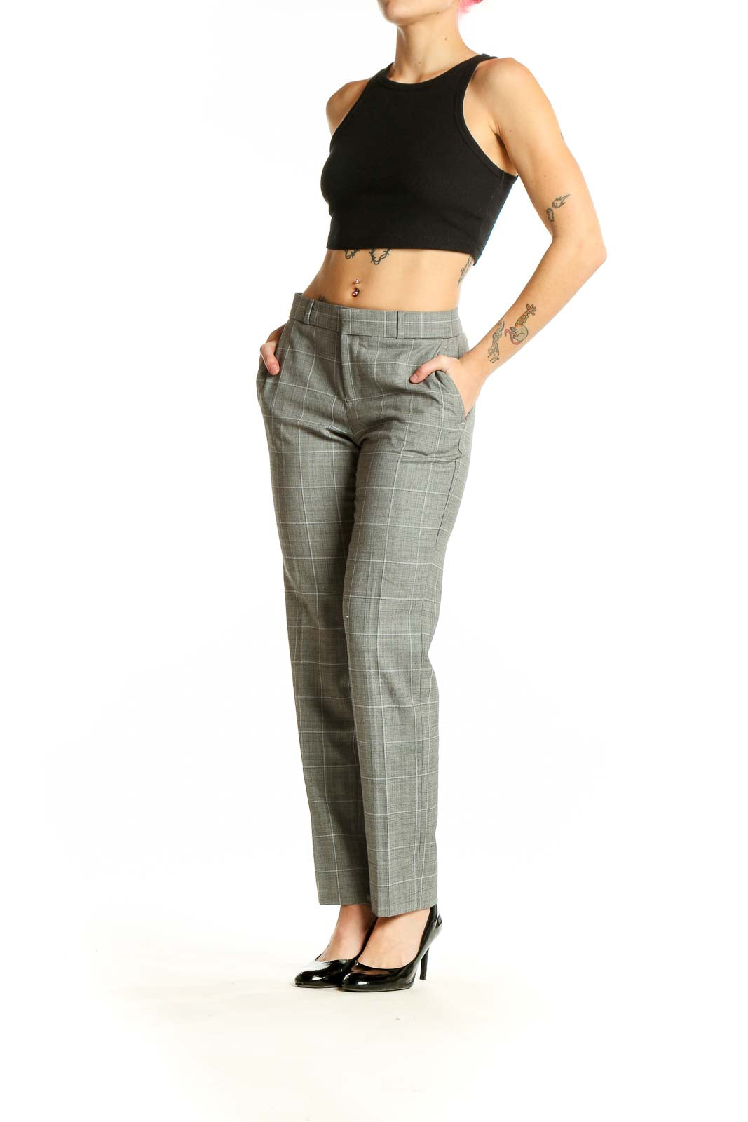 Front view of Banana Republic gray plaid wool-blend dress pants