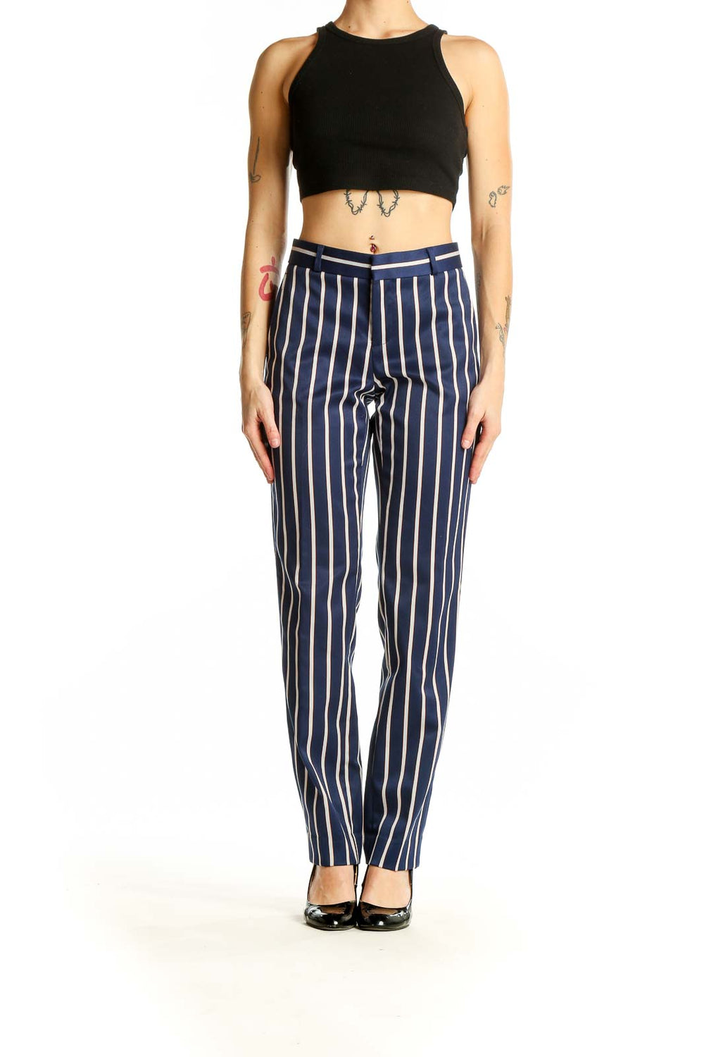 Front view of Banana Republic navy striped wide-leg trousers on model