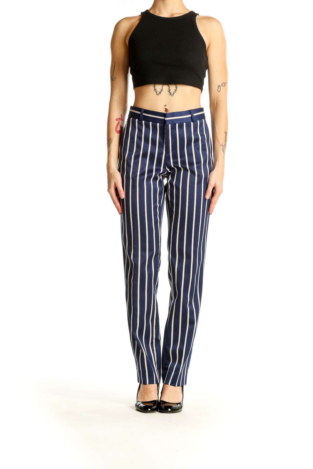 Front view of Banana Republic navy striped wide-leg trousers on model