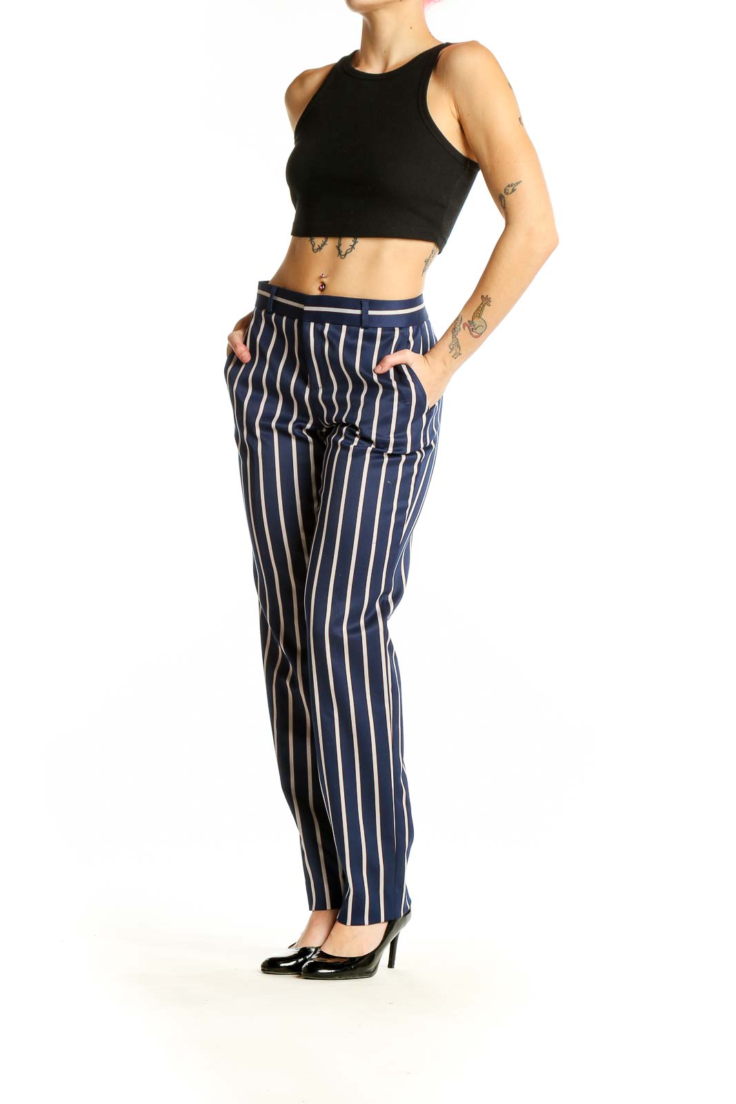 Front view of Banana Republic navy striped wide-leg trousers on model