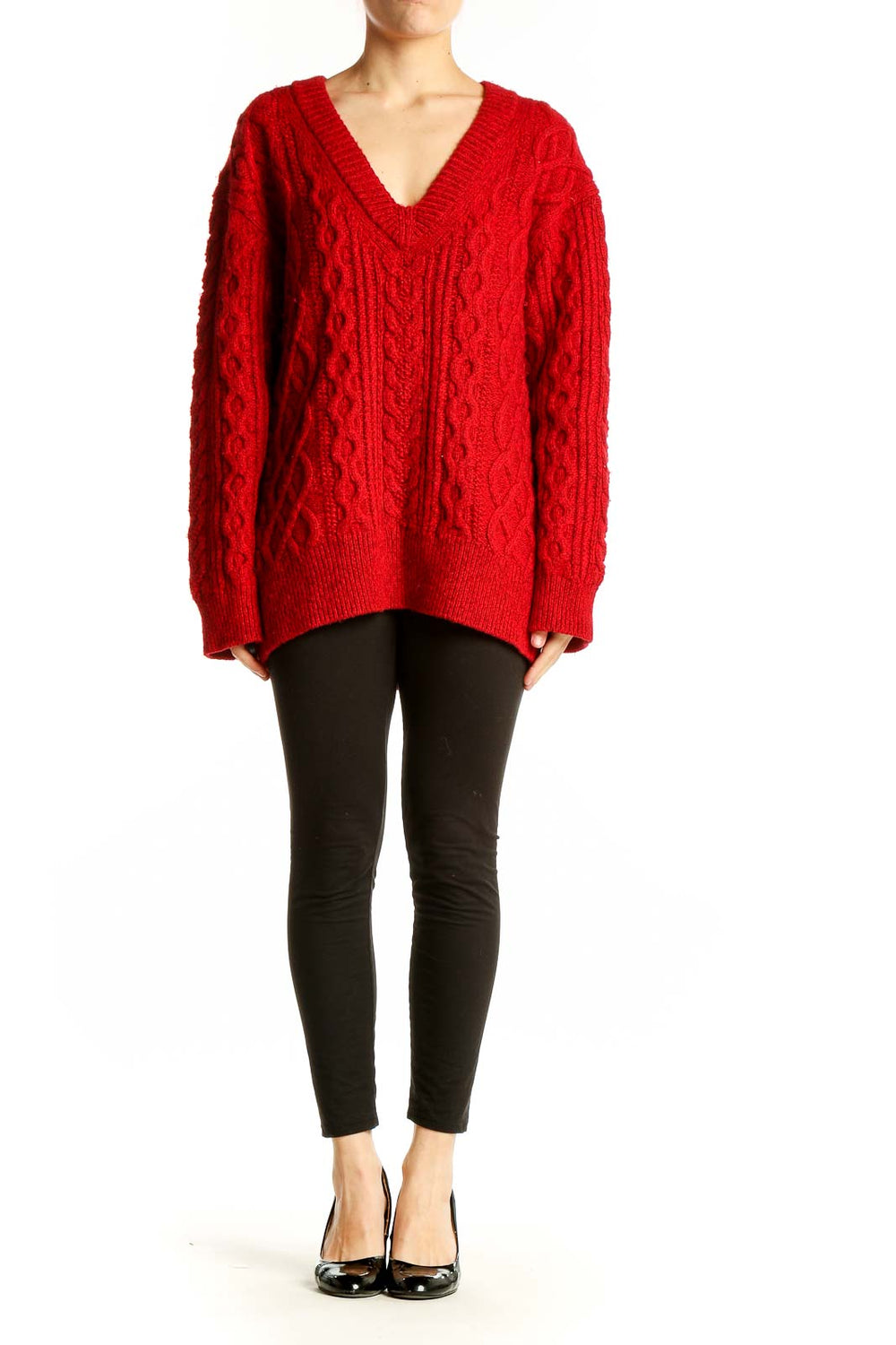 Front view of red cable knit V-neck sweater by Vince