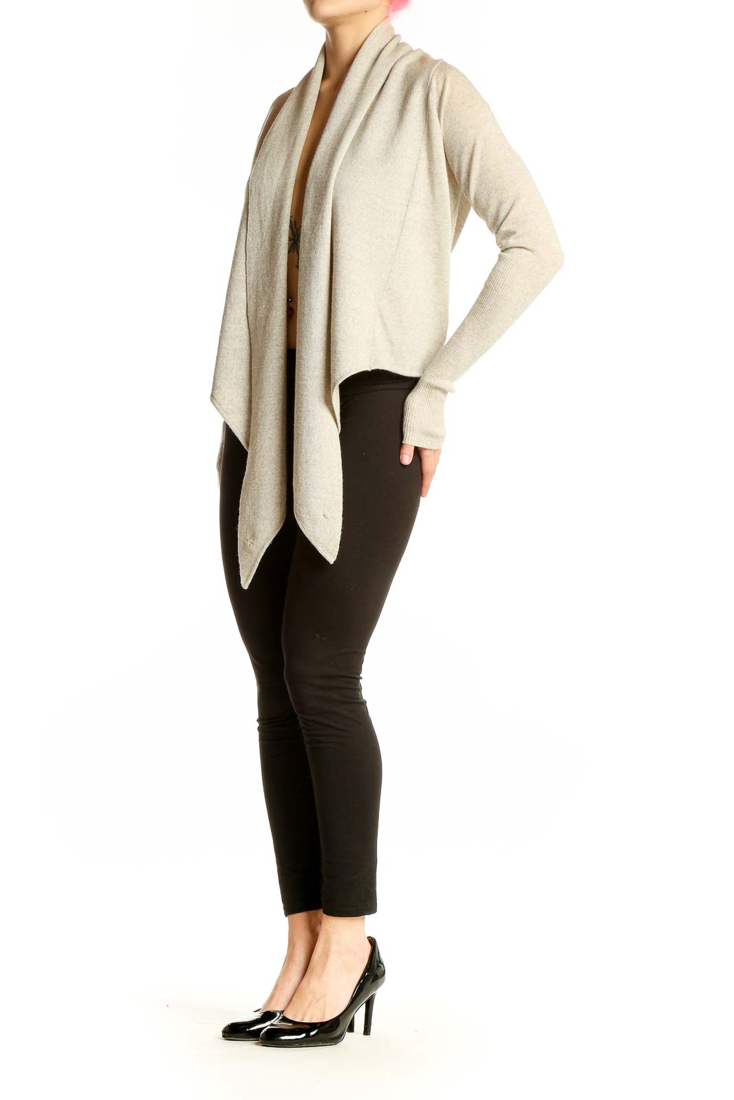 Front view of AllSaints beige Merino wool draped cardigan