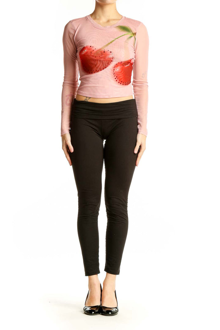 Front view of Madden Girl pink crop top with rhinestone cherry print