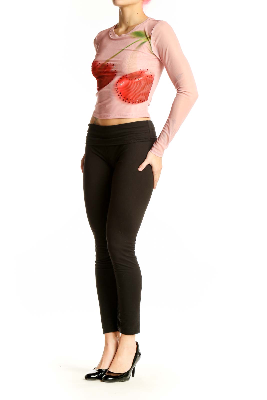 Front view of Madden Girl pink crop top with rhinestone cherry print