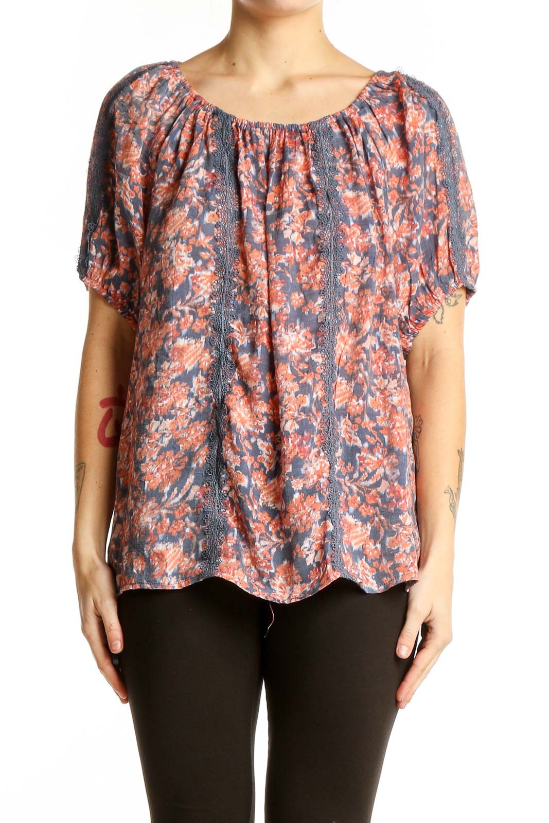 Front view of Adrienne Vittadini blue floral peasant blouse with scoop neckline